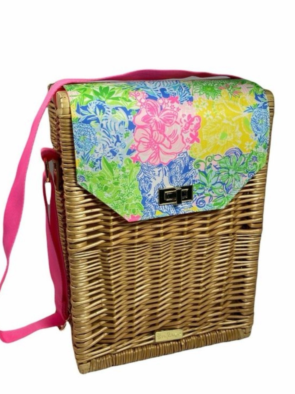 Lilly Pulitzer Cheek to Cheek Wicker 2 Bottle Wine Carrier Tote NEW